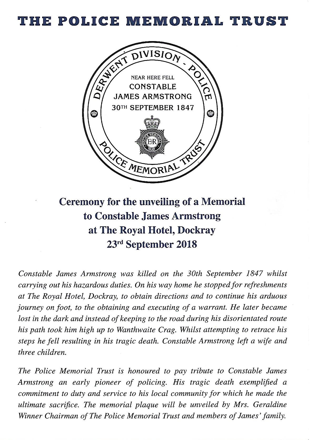 Ceremony for the unveiling of a Memorial to Constable James Armstrong programme 1