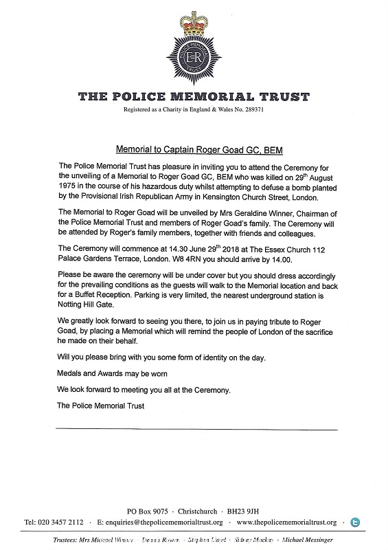 Memorial to Captain Roger Goad Invitation Letter