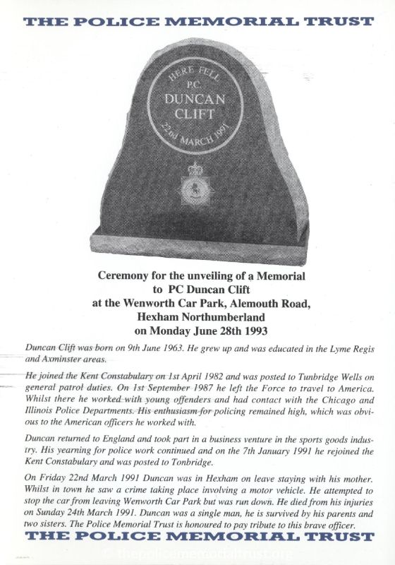 PC Duncan Clift Memorial Programme 1