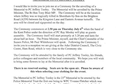 PC Jeffrey Tooley Memorial Invitation Letter