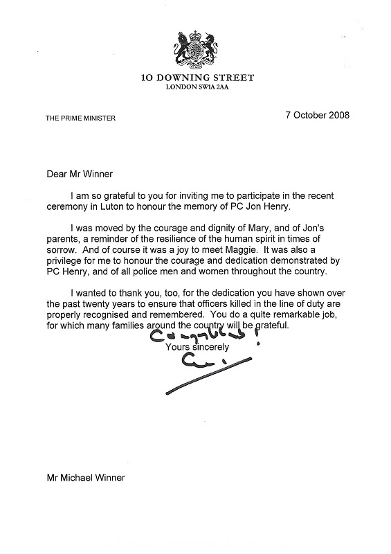 PC Jonathan Henry Downing Street Letter