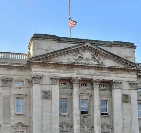 Buckingham Palace with the flag at half mast