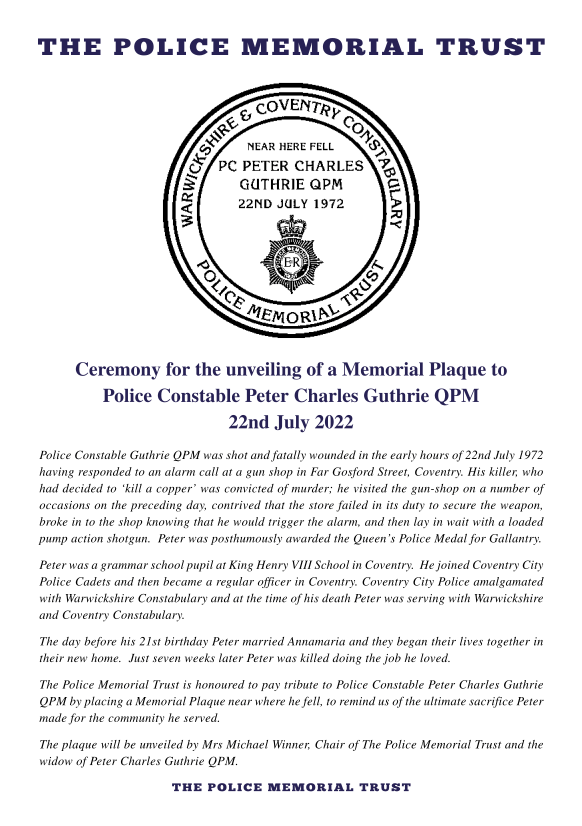PC Peter Charles Guthrie QPM Memorial Programme Page 1
